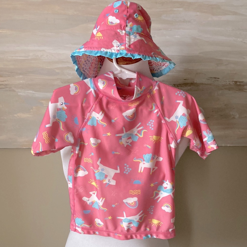 2 pc Skinz UV 50 unicorn rash guard and reversible bucket hat